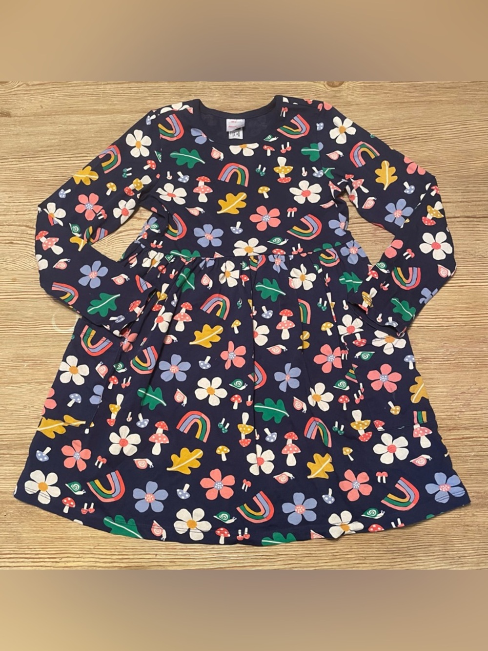 Hanna Andersson Navy Floral Woodland Mushroom Dress with White & Yellow Accents